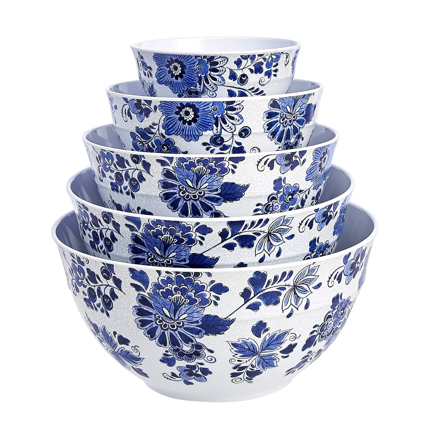 Amazon Basics Mixing Bowls with Lids, Nesting Melamine Serving Bowls, Non-Slip Base, BPA Free, Dishwasher Safe, 5 Sizes, Hydrangea Floral, Set of 10