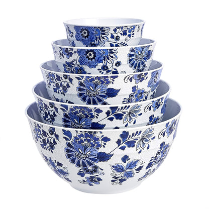 Amazon Basics Mixing Bowls with Lids, Nesting Melamine Serving Bowls, Non-Slip Base, BPA Free, Dishwasher Safe, 5 Sizes, Hydrangea Floral, Set of 10