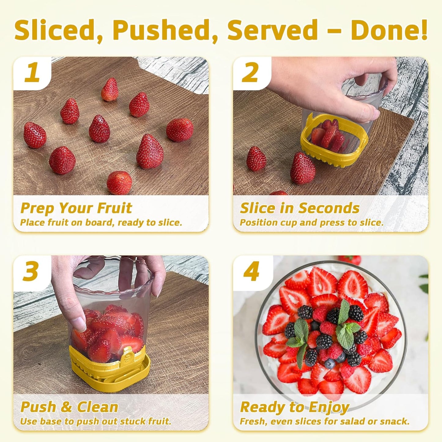Strawberry Slicer Cup with Push Plate, Fruit Cutter Kitchen Gadget for Egg, Kiwi, Banana, Cucumber, Easy Fruit & Vegetable Slicer, Strawberry Cutter Tool for Quick Safe Cutting (Black)