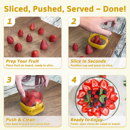 Strawberry Slicer Cup with Push Plate, Fruit Cutter Kitchen Gadget for Egg, Kiwi, Banana, Cucumber, Easy Fruit & Vegetable Slicer, Strawberry Cutter Tool for Quick Safe Cutting (Black)