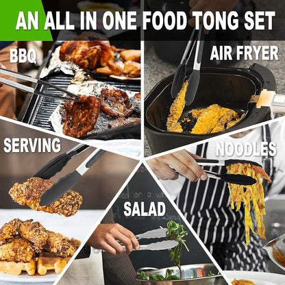 Anaeat Non-Stick Silicone Locking Tong Set of 3 - Stainless Steel 7", 9", 12" Kitchen Food Tongs with Non-Slip Silicone Tips and Grip for Cooking, Baking and BBQ - Heat Resistant up to 480°F (Black)