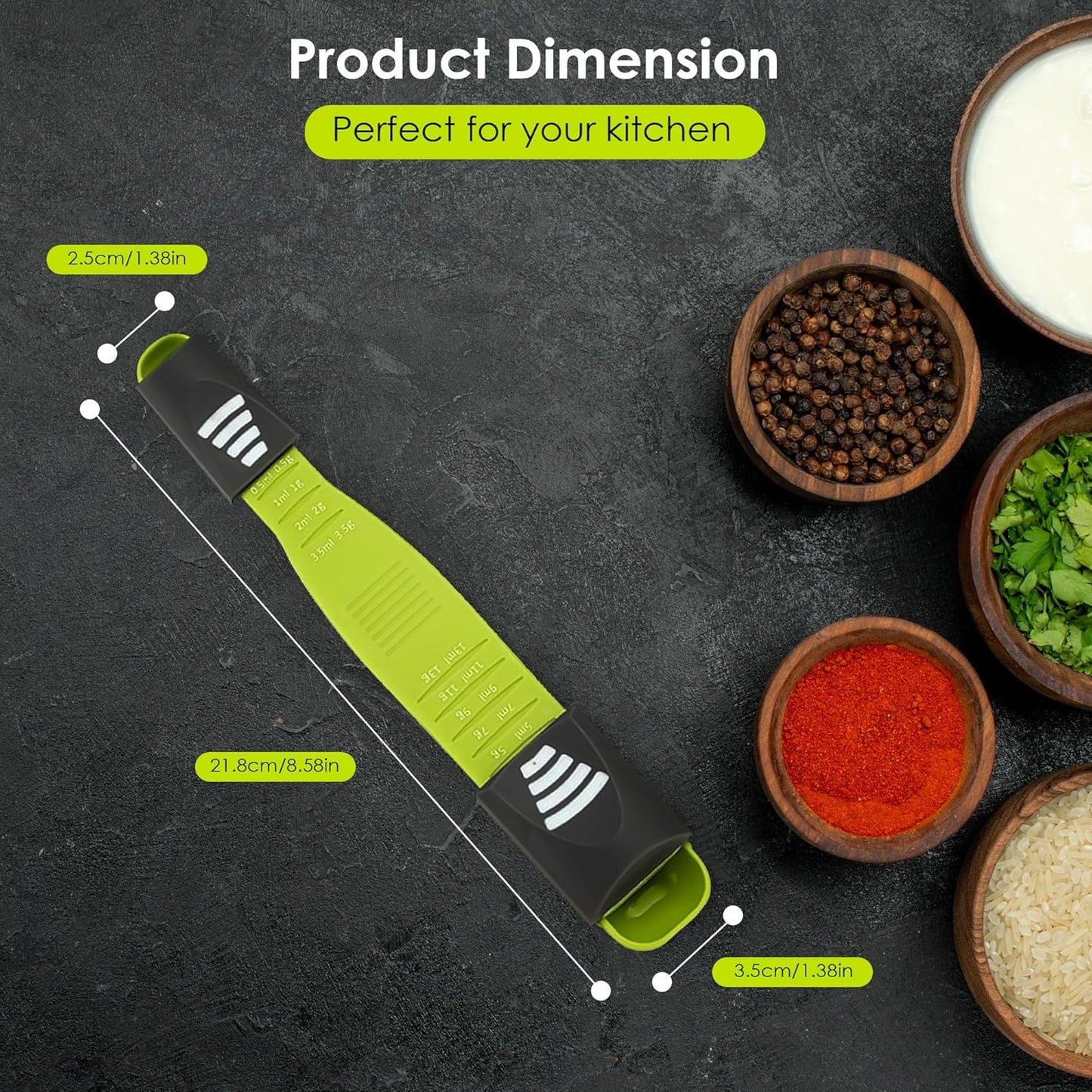 GOCHA Double-Ended Adjustable Measuring Spoon - 9-in-1 Kitchen Tool with Precision Scales (0.5-13ml/g) - Space-Saving Design for Dry & Liquid Ingredients (Black Green)