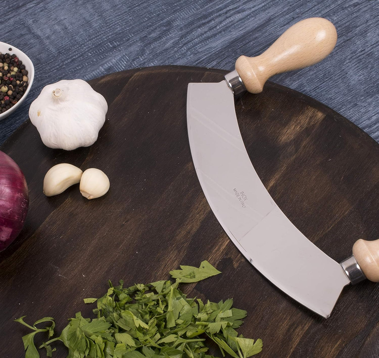 Fantes Double Mezzaluna Vegetable Chopper Rocking Knife, 5.5-Inch Stainless Steel Blade with Beechwood Handles, The Italian Market Original since 1906,Brown