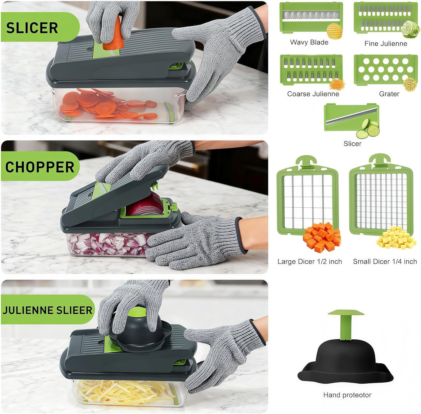 Mandoline Slicer for Kitchen, Vegetable Chopper & Dicer, Professional Food Slicer with Stainless Steel Blades, Safe Veggie Chopper for Onion Potato Carrot Fruit, Easy to Clean