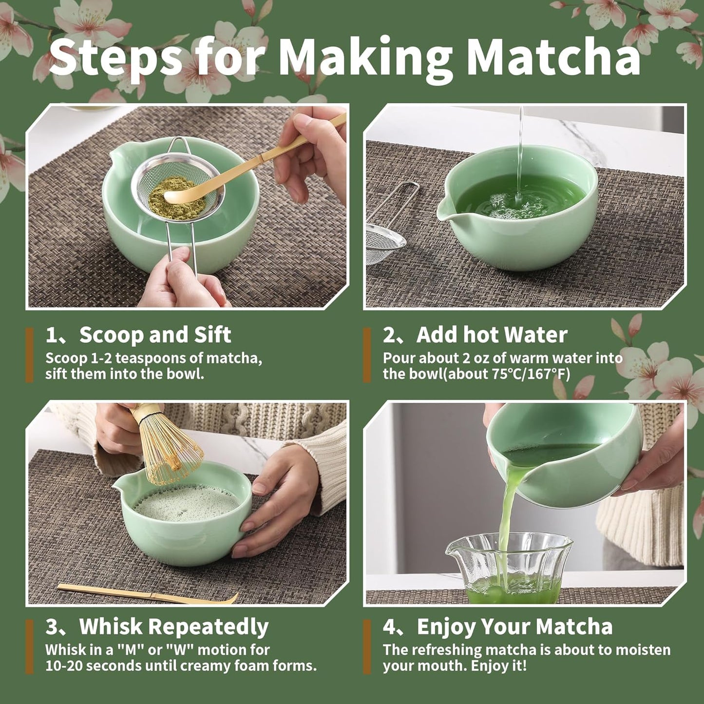 Matcha Whisk Set, 5 Pcs Ceramic Matcha Set, Matcha Kit Set Includes Matcha Bowl, Matcha Whisk and Holder, Bamboo Scoop and Sifter, Matcha Tea Set, Ideal Gift for Family/Friend (Pink)