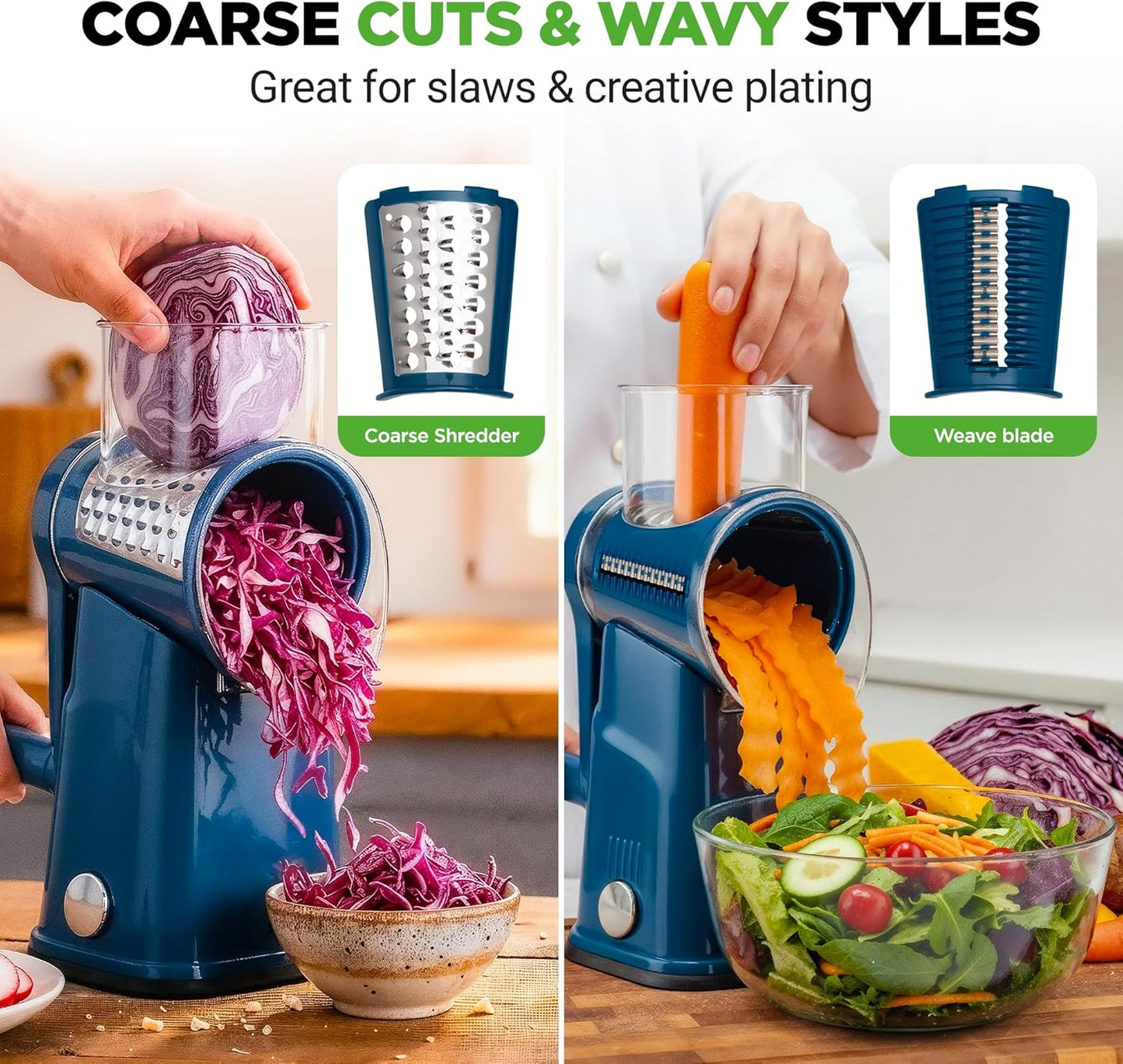 NutriChef 5 in 1 Cheese Grater & Shredder | 5 Different Blades for Thin, Thick, Julienne Strips, Wavy, & Straight Strips | Includes Hand Crank, Strong Suction Base & Storage Container | Black