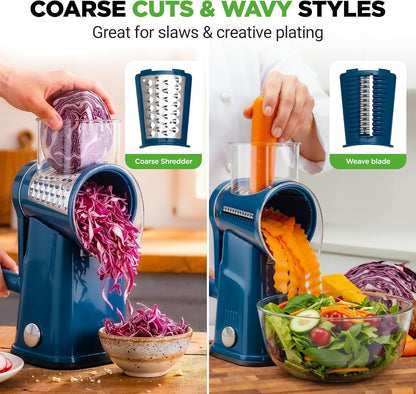 NutriChef 5 in 1 Cheese Grater & Shredder | 5 Different Blades for Thin, Thick, Julienne Strips, Wavy, & Straight Strips | Includes Hand Crank, Strong Suction Base & Storage Container | Black