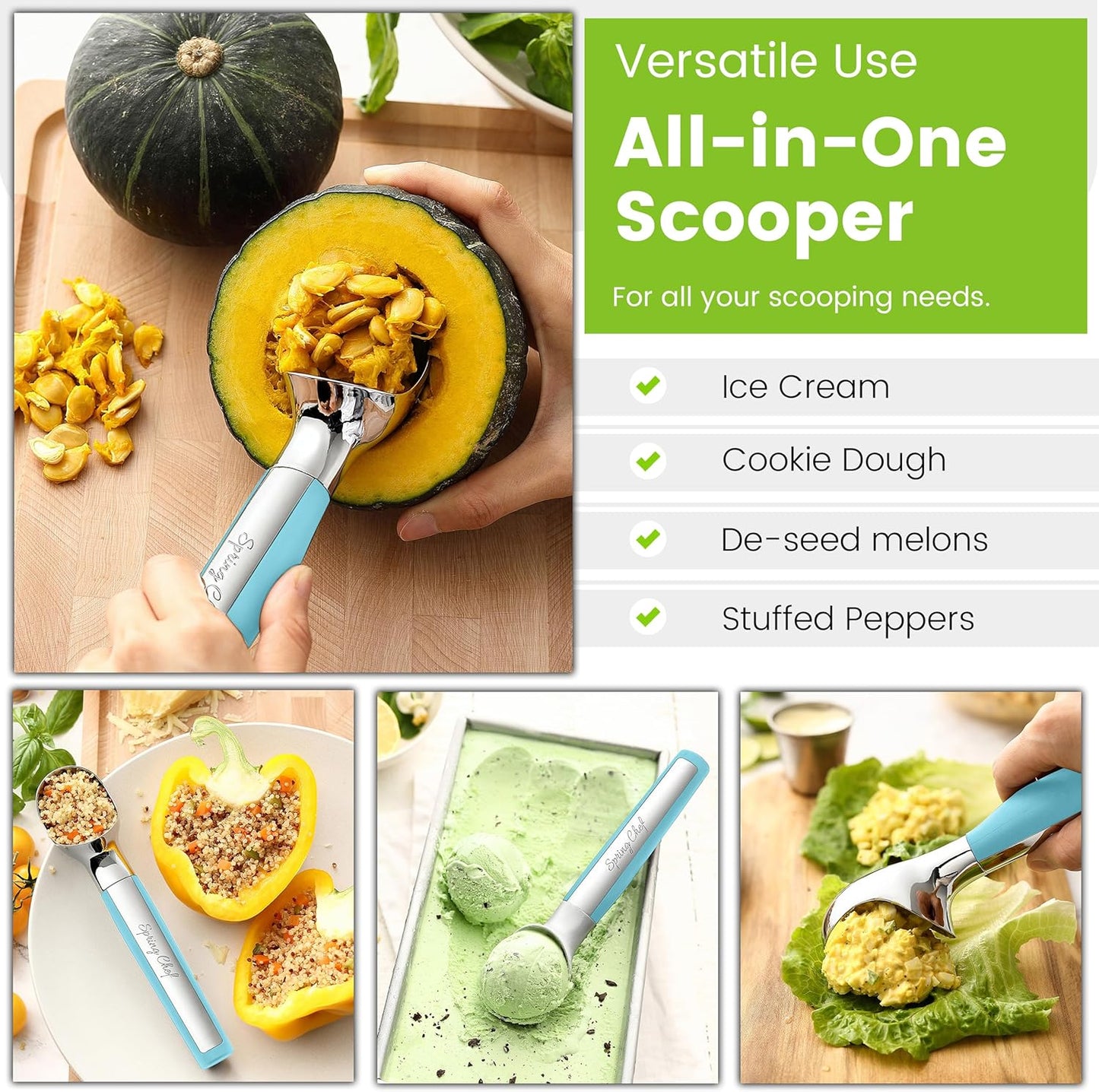 Spring Chef Heavy Duty Metal Ice Cream Scoop - Dishwasher Safe Ice Cream Scooper, Commercial Icecream Scoop Spade, Professional Kitchen Tool for Gelato, Melon, Sundae, Cookie Spoon - Black