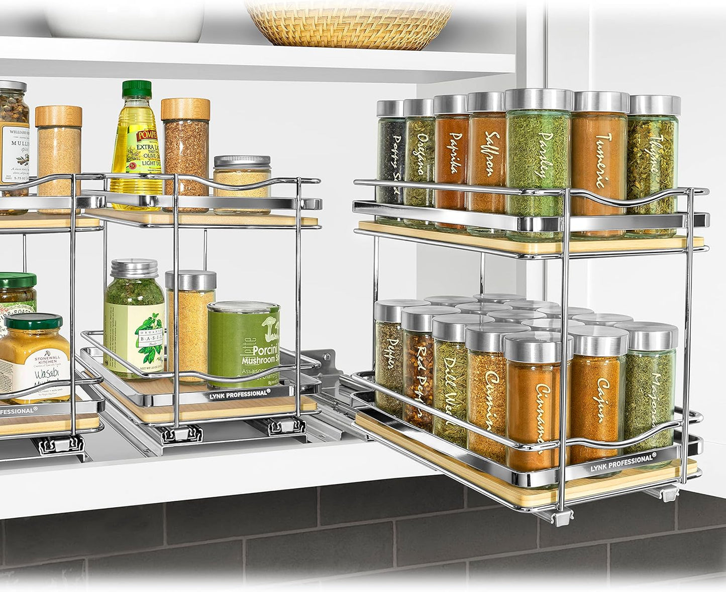 LYNK PROFESSIONAL® Pull Out Spice Organization for Cabinets - 4-3/8 inch Wide – Spice Rack for Inside Cabinets, Slide Out Spice Rack Organizer for cabinet – Pull Out Spice Rack, Sliding 2 Tier Chrome