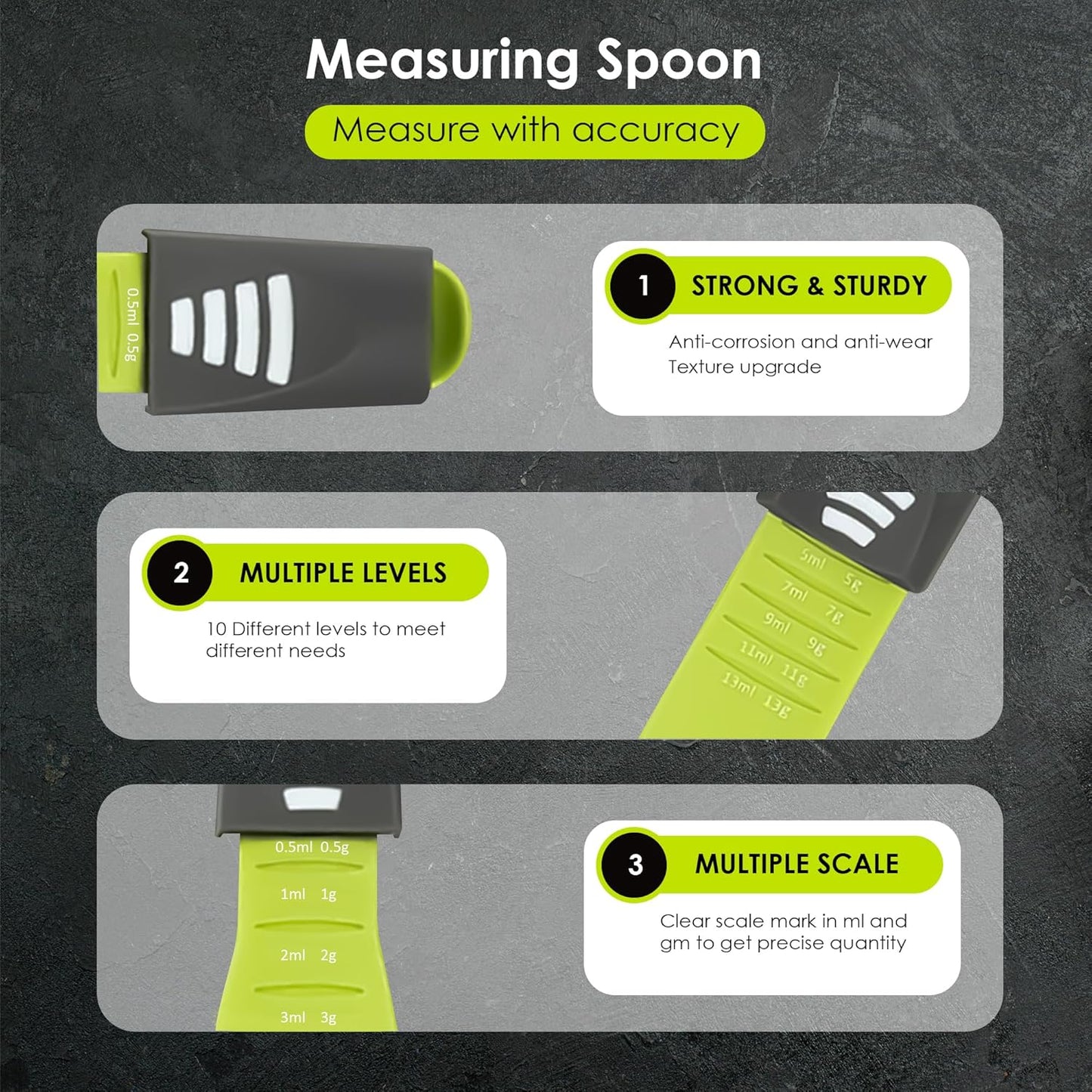 GOCHA Double-Ended Adjustable Measuring Spoon - 9-in-1 Kitchen Tool with Precision Scales (0.5-13ml/g) - Space-Saving Design for Dry & Liquid Ingredients (Black Green)