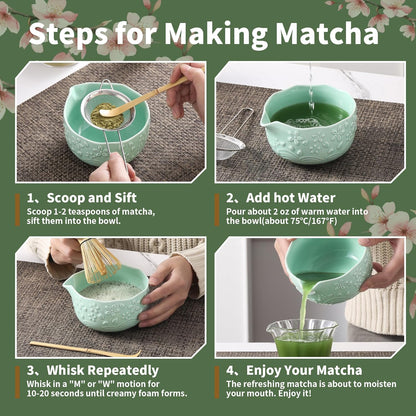 Matcha Whisk Set, 5 Pcs Ceramic Matcha Set, Matcha Kit Set Includes Matcha Bowl, Matcha Whisk and Holder, Bamboo Scoop and Sifter, Matcha Tea Set, Ideal Gift for Family/Friend (Pink)
