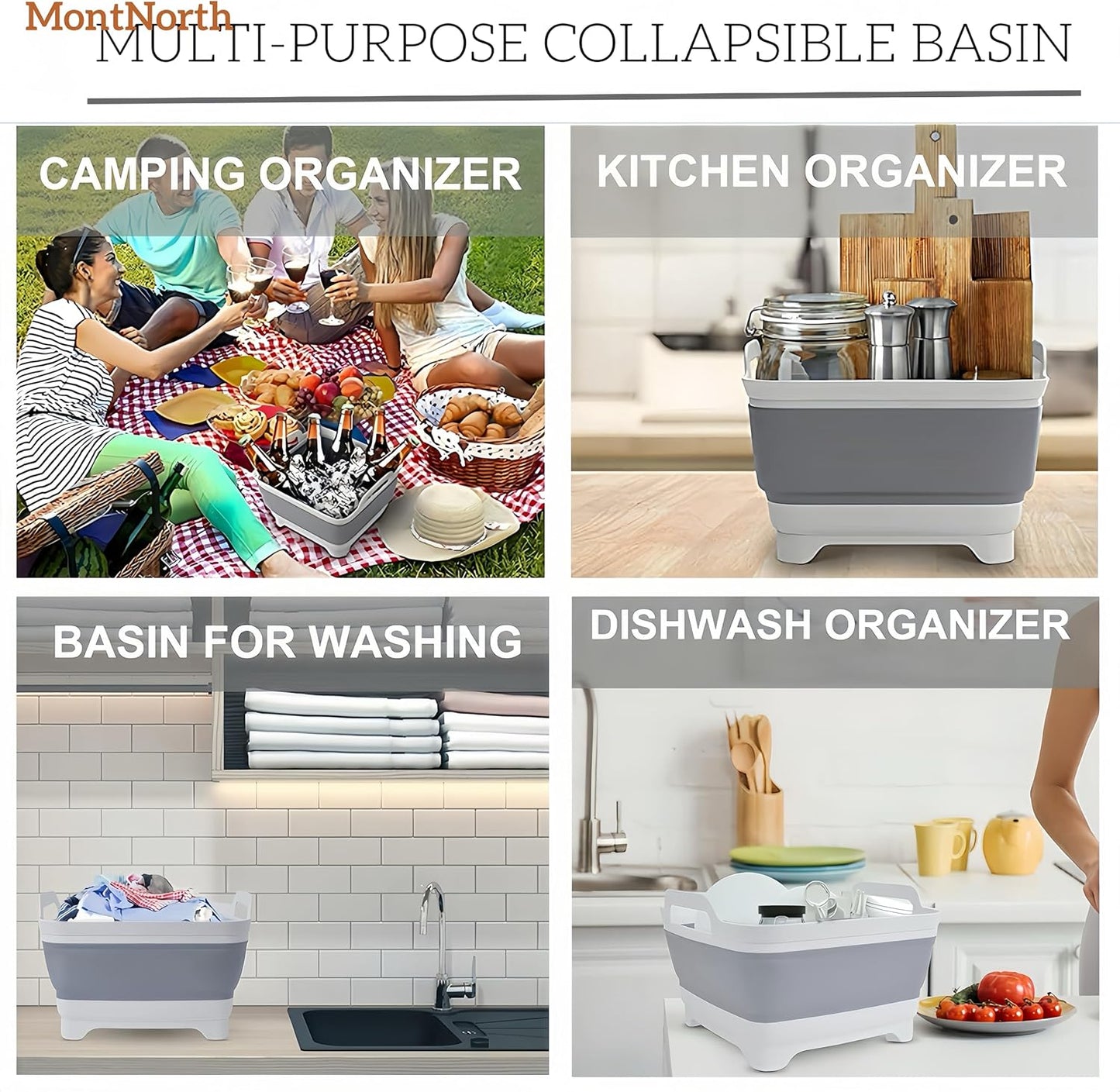 MontNorth Collapsible Wash Basin 9L, Foldable Dish Tub with Drain Plug, Portable Collapsible Dish Basin, Camping Sink for Washing Dishes, Laundry & Kitchen Use,Gray