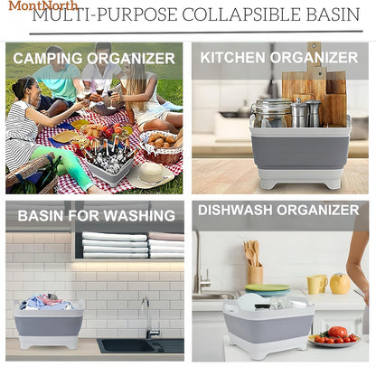 MontNorth Collapsible Wash Basin 9L, Foldable Dish Tub with Drain Plug, Portable Collapsible Dish Basin, Camping Sink for Washing Dishes, Laundry & Kitchen Use,Gray