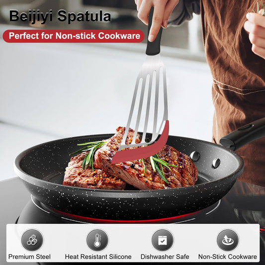 2-Piece Silicone Fish Spatula for Nonstick Cookware, Heat Resistant | BPA Free, Flexible & Thin Edge, Scratch-Free, Slotted Turner, Kitchen Use, Cooking Flipper for Egg, Pancake, Dishwasher Safe