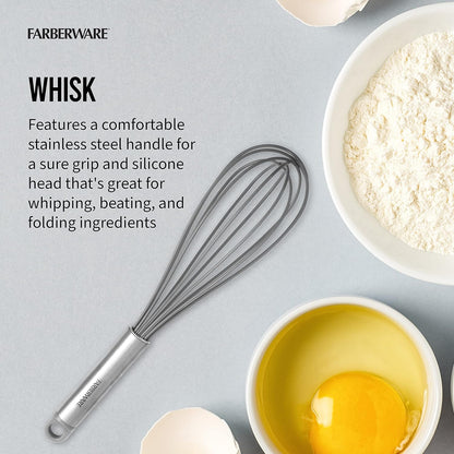 Farberware Professional 2 Piece Baking Set with Stainless Steel Wire Whisk and Stanless Steel Handle, Grey Silicone Head Spatulas For Beating, Blending, Mixing, and Scraping