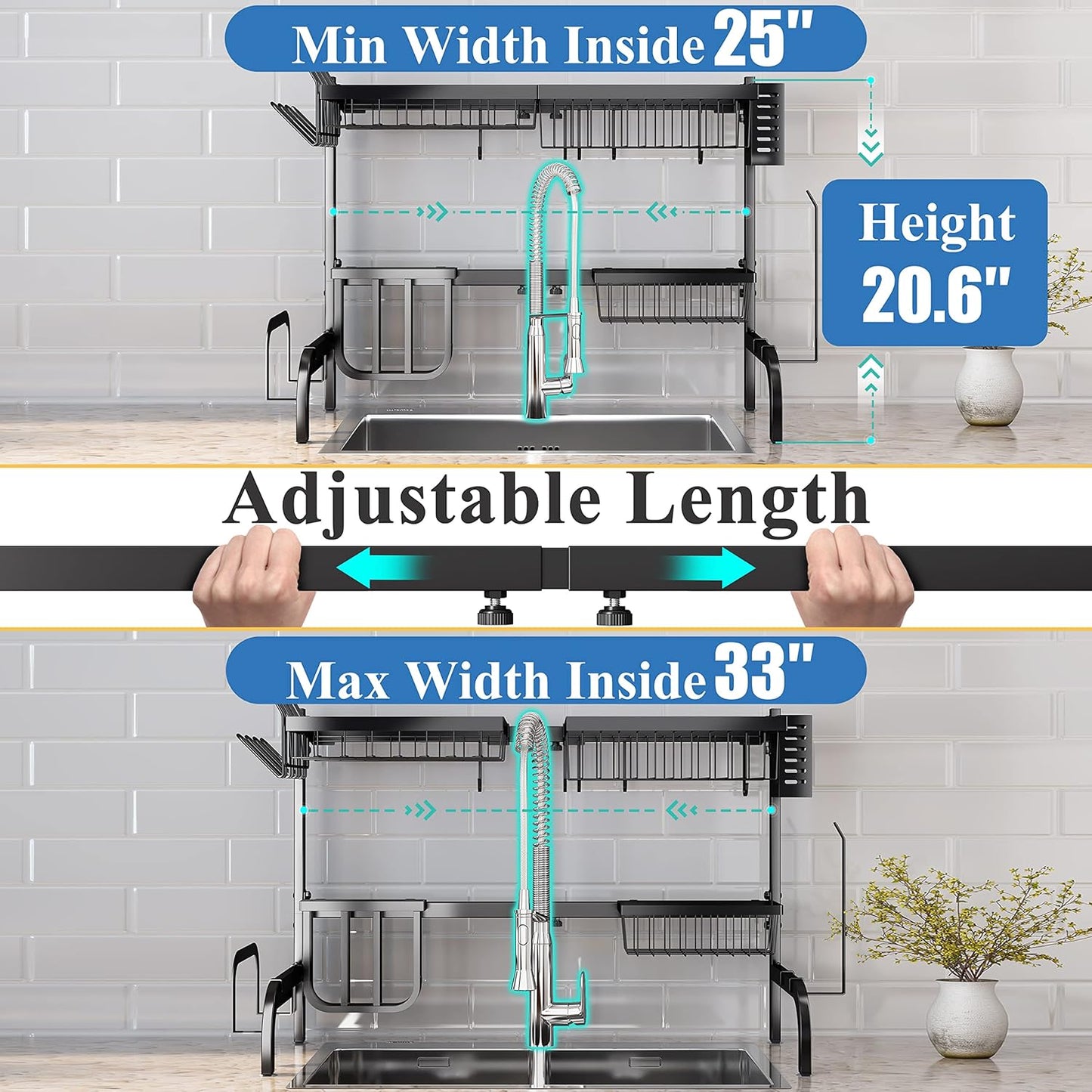 SAYZH Over The Sink Dish Drying Rack, Adjustable (25.5 to 33.5 inch) 2 Tier Metal Steel Dish Drying Racks for Kitchen Counter with Hooks Paper Towel Utensil Cup Holder Sink Caddy (Black)