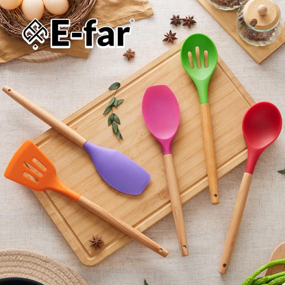 E-far Silicone Cooking Utensils Set, 10-Piece Heat Resistant Kitchen Utensils Set with Wooden Handle for Nonstick Cookware, Kitchen Nonstick Tools Spatula Whisk Tongs Ladle, Non-toxic & Healthy(Khaki)