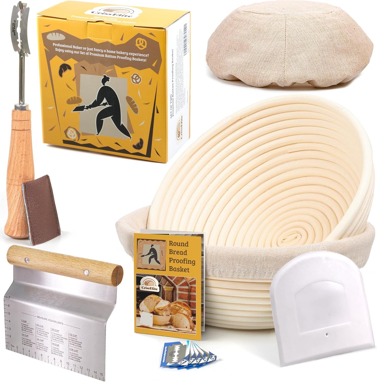 CRISS ELITE 11" Oval Banneton Proofing Basket Set of 2 - Sourdough Starter Kit with Bread Lame, Danish Whisk, Metal & Bowl Scrapers, Cleaning Brush - Professional Artisan Baker Gift Set