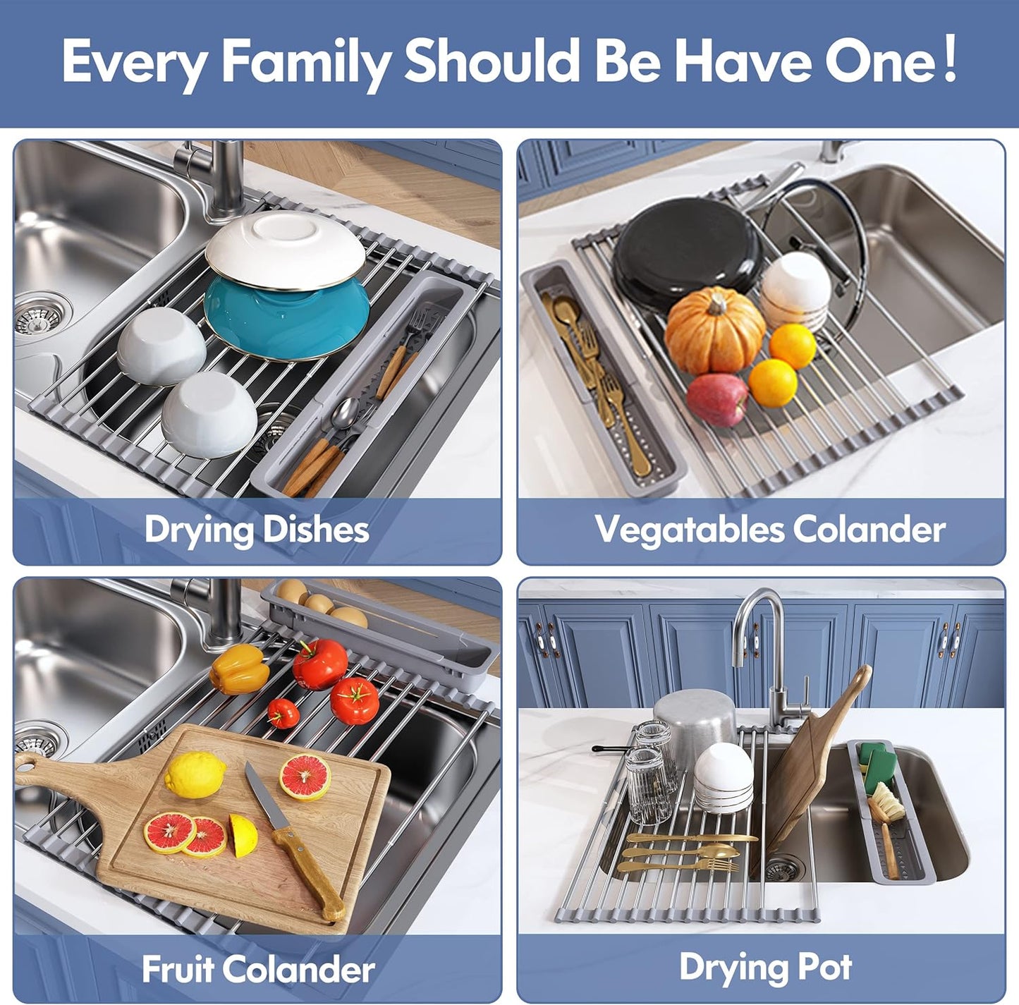 JASIWAY Roll Up Dish Drying Rack, Expandable (12.8"-23.8" D x 12.8" W) Stainless Steel Portable Drainer for Kitchen Sink Counter, Foldable Over The Sink Cover with Removable Utensil Holder