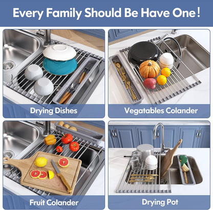 JASIWAY Roll Up Dish Drying Rack, Expandable (12.8"-23.8" D x 12.8" W) Stainless Steel Portable Drainer for Kitchen Sink Counter, Foldable Over The Sink Cover with Removable Utensil Holder