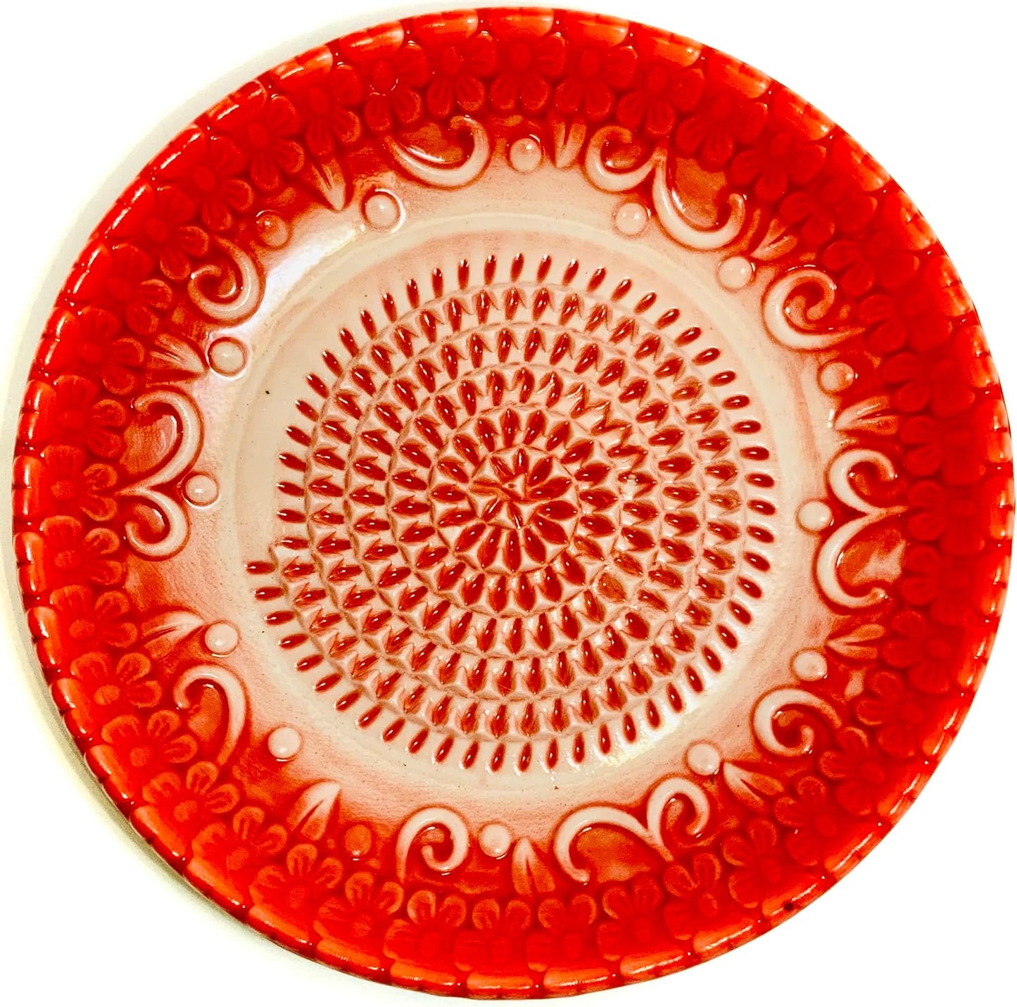 BonCera, All-in-one Premium Ceramic Garlic Grater Plate 4-Piece Set - Red Embossed Design and Style - For Garlic, Ginger, Chocolate, and more! - Comes with 5.25" Plate, Peeler, Brush, and Stand
