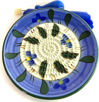 BonCera, All-in-one Premium Ceramic Garlic Grater Plate 4-Piece Set - Blue Flower Design, Classic Style - For Garlic, Ginger, Chocolate, and more! - Comes with 5.25" Plate, Peeler, Brush, and Stand