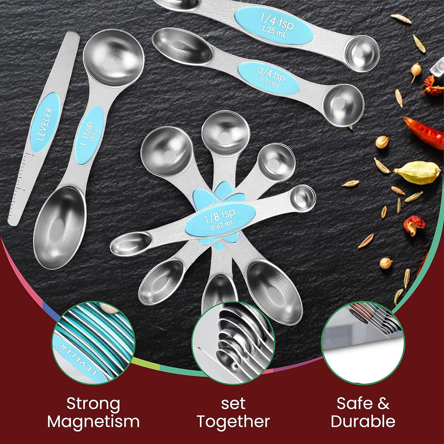 Magnetic Measuring Spoons Set of 9 Stainless Steel Dual-Sided Stackable Measuring Spoon Nesting Teaspoons Measuring Dry and Liquid Ingredients, Fits in Spice Jars Set of 9 (Yellow)