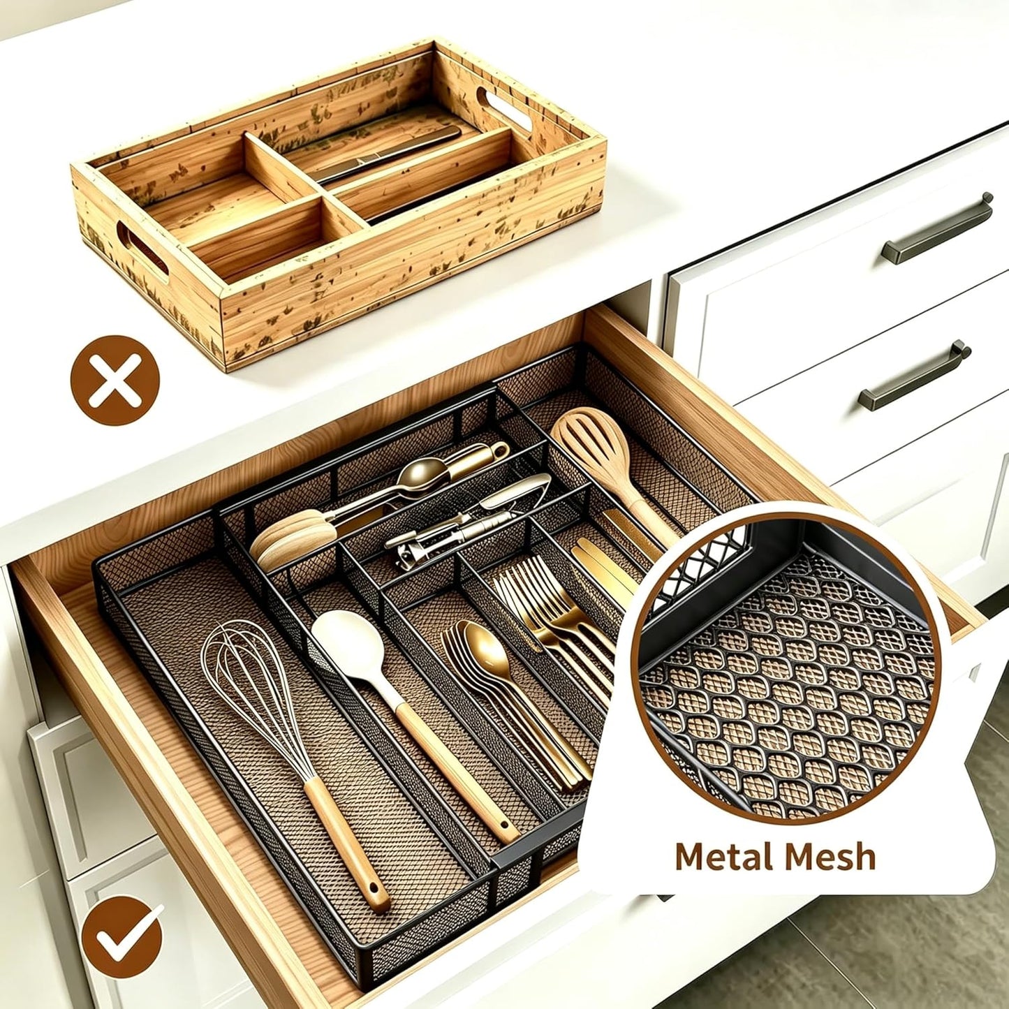 Sedegn Silverware Organizer Metal Mesh, Large Drawer Organizer, Utensil Cutlery Tray for kitchen drawers, Flatware Organizer with 6 Compartment, Black (11.3”*16“)