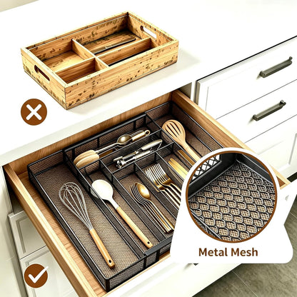 Sedegn Silverware Organizer Metal Mesh, Large Drawer Organizer, Utensil Cutlery Tray for kitchen drawers, Flatware Organizer with 6 Compartment, Black (11.3”*16“)