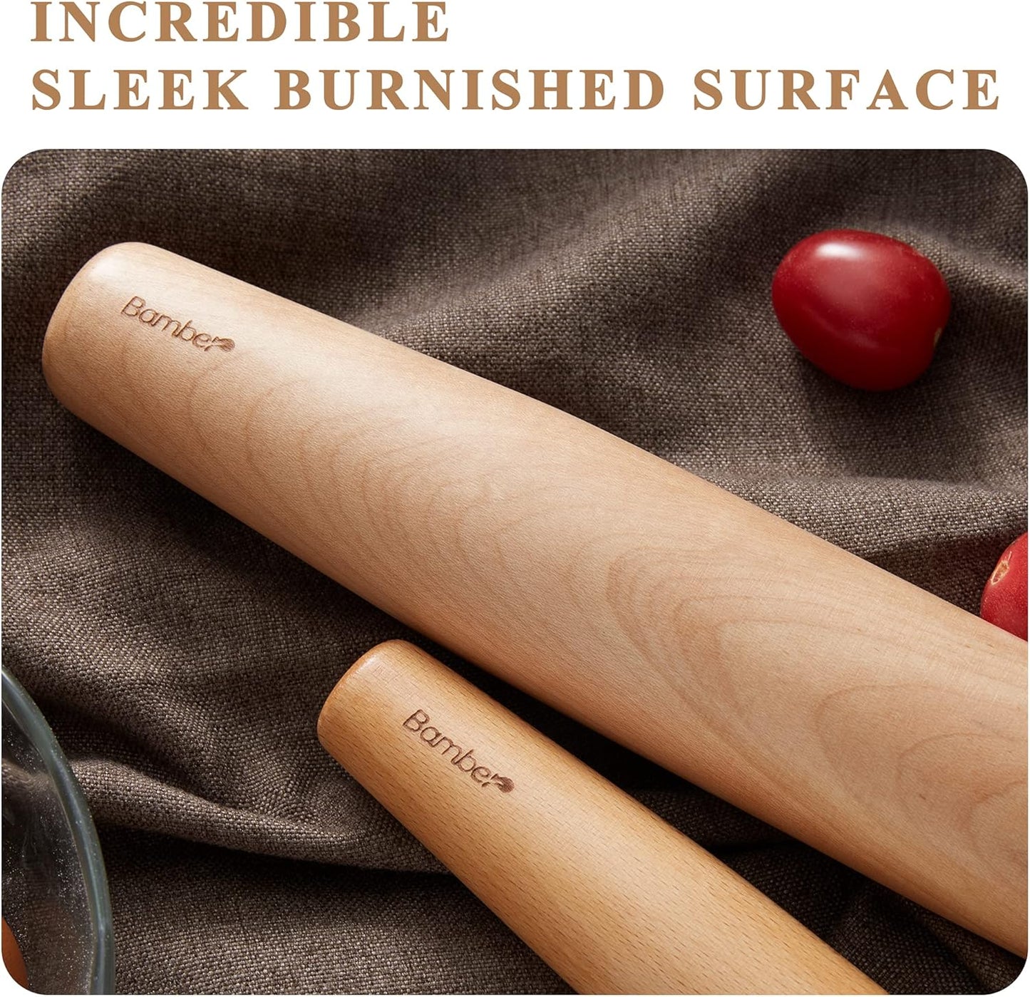Bamber Wood Rolling Pin for Baking Wooden Rolling Dowel Stick Dough Roller for Cookie Dumpling Pastry Pizza Tortilla, 15'' by 1.5''