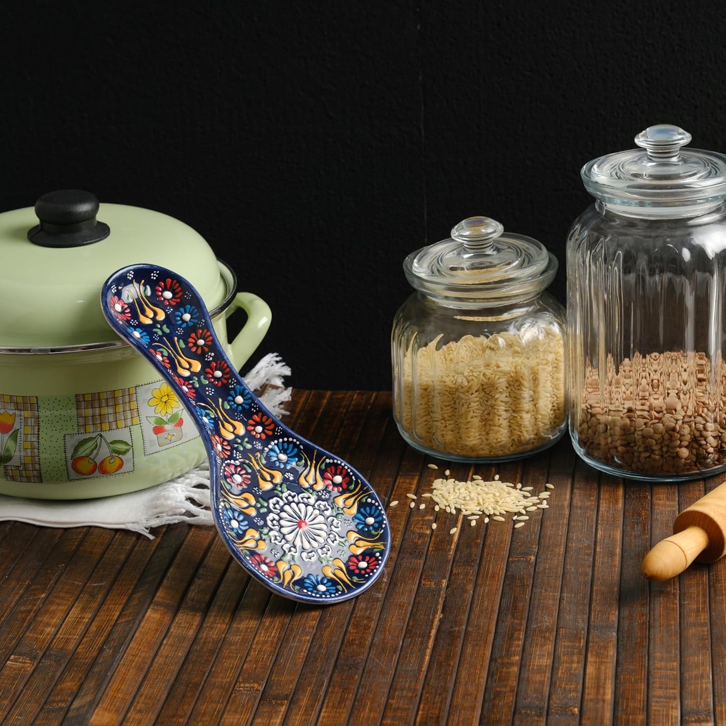 Handmade Spoon Rest, Ceramic Spoon Rest for Stove Top, 10" Spoon Rest for Kitchen Counter, Dishwasher Safe Spoon Holder for Stove, Housewarming Gifts Utensil Rest, Colorful Spoon Rests (Black)