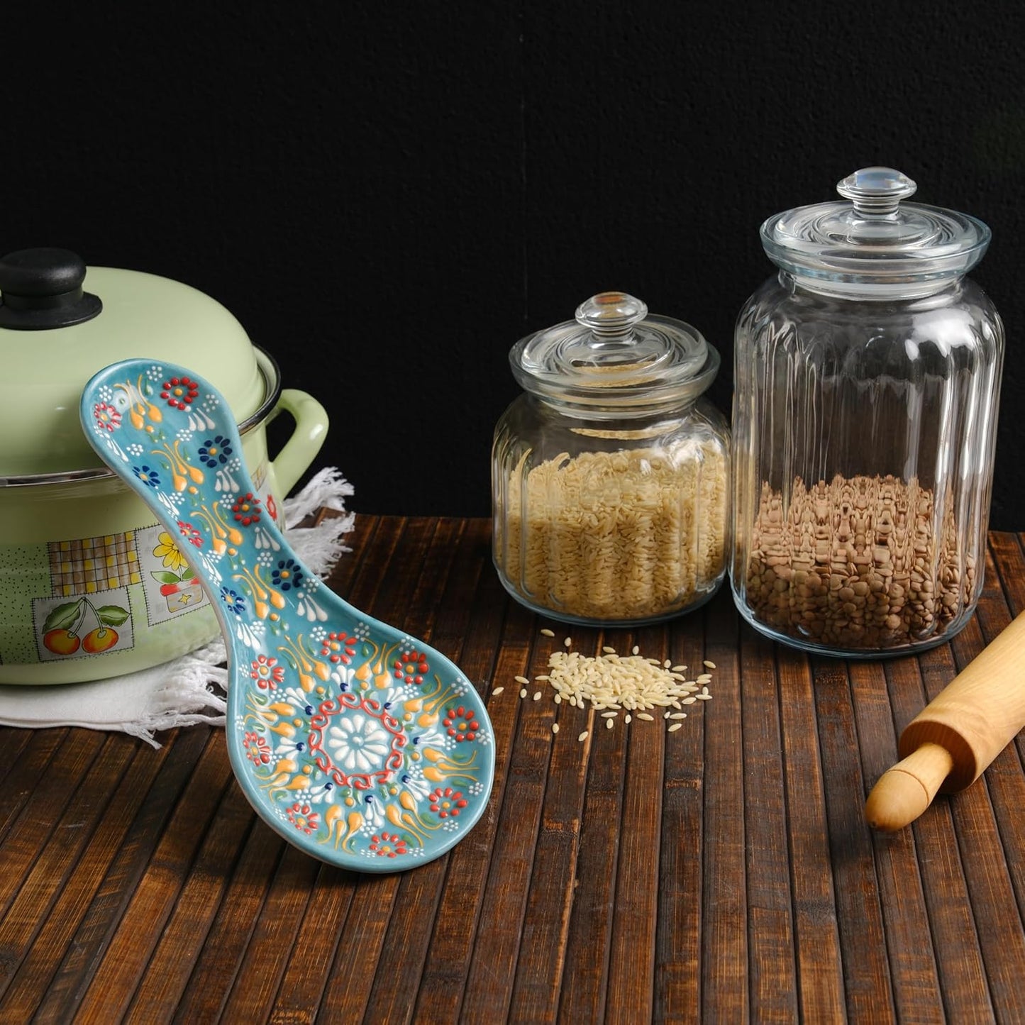 Handmade Spoon Rest, Ceramic Spoon Rest for Stove Top, 10" Spoon Rest for Kitchen Counter, Dishwasher Safe Spoon Holder for Stove, Housewarming Gifts Utensil Rest, Colorful Spoon Rests (Black)