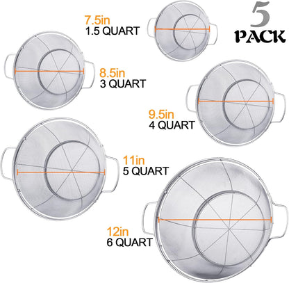 5 Pack 18/8 Stainless Steel Colander Sieves, Multi Size Mesh Strainer Net Baskets with Handles & Resting Base for Strain, Drain, Rinse or Steam