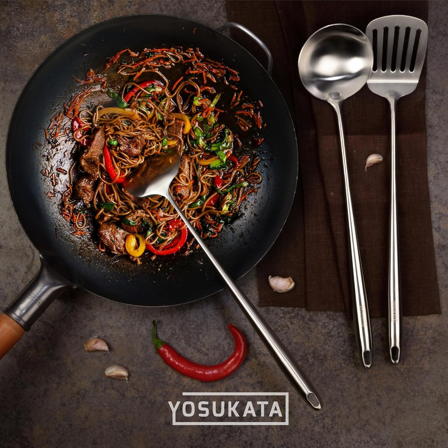 Yosukata 17" Wok Spatula and Ladle Skimmer Spoon - Stainless Steel Cooking Utensils Set of 3-304 Stainless Steel Kitchen Utensils Set - Dishwasher Safe Wok Accessories - Wok Utensils - Cooking Tools