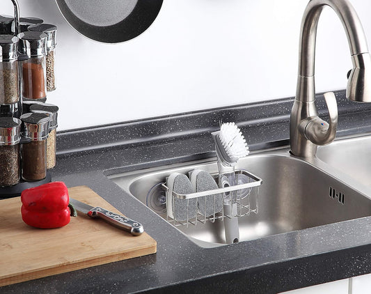 SunnyPoint NeverRust Deluxe Kitchen & Bathroom Sink Sponge Holder Organizer with Adhesive Mount - Additional Suction Cup Included – Sponge & Brush NOT Included – 7.4 x 3.3 x 2.75 Inch