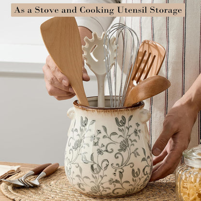 Utensil Holder for Kitchen Counter, Modern Farmhouse Rustic Cooking Utensil Holder and Crock, Exquisite Chinoiserie Floral Ceramic Utensil Organizer for Home Kitchen Decor- Green and Beige