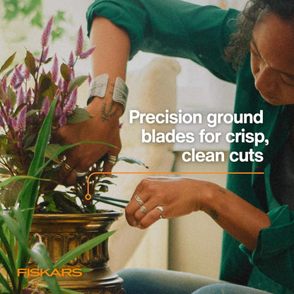 Fiskars Plant Shaping Shears & Holder, Precision Indoor Gardening Snips with Storage Caddy, Forged Stainless Steel Blades for Clean Cuts on Broad Leaves, Ambidextrous Handles & Stem Stripper, 6"