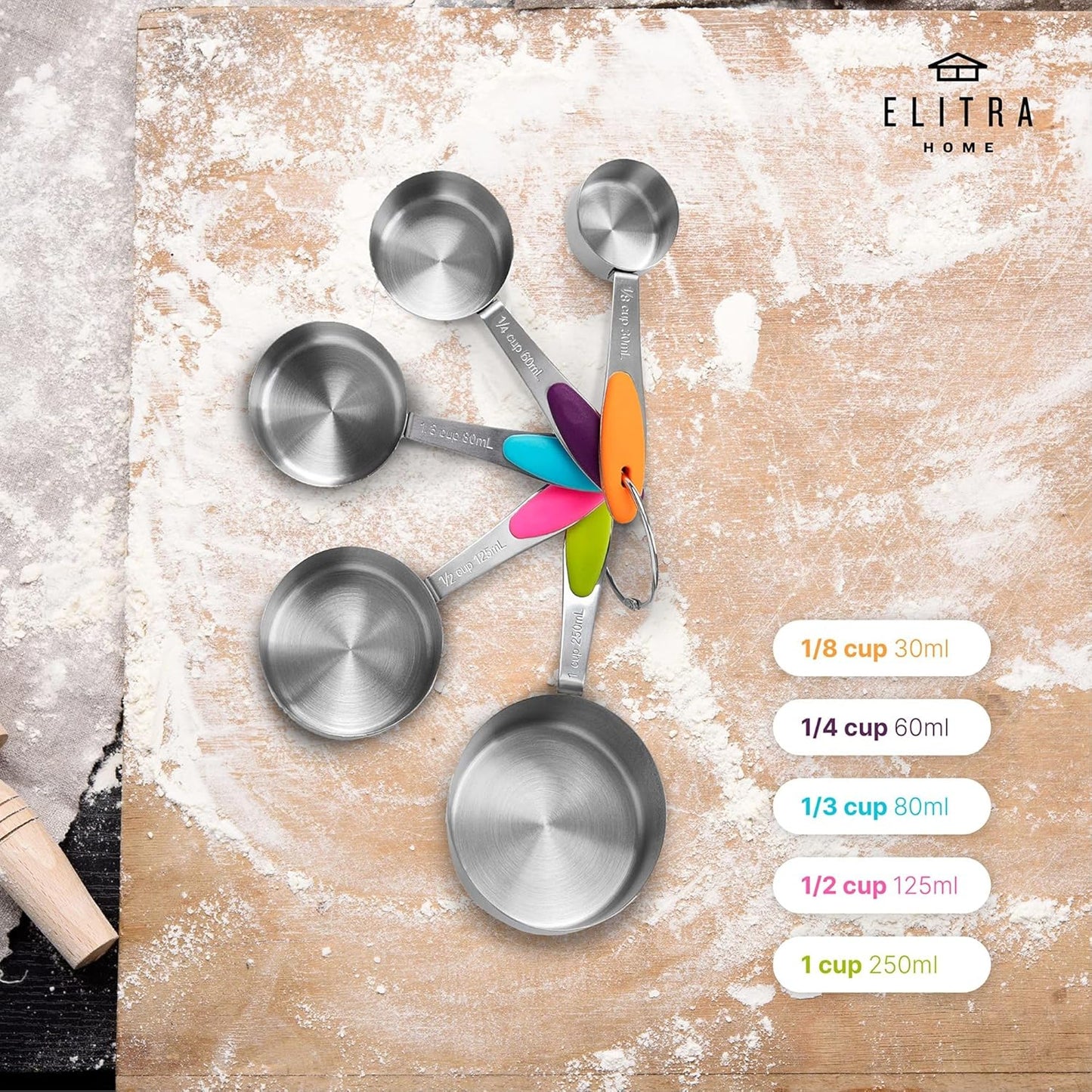 Elitra Home Complete Measuring Set, 13-Pack Stainless Steel Cups, Spoons, Plastic Measuring Pitchers with Spout - Engraved Measurements, Non-Slip Handles - Cooking & Baking Essentials