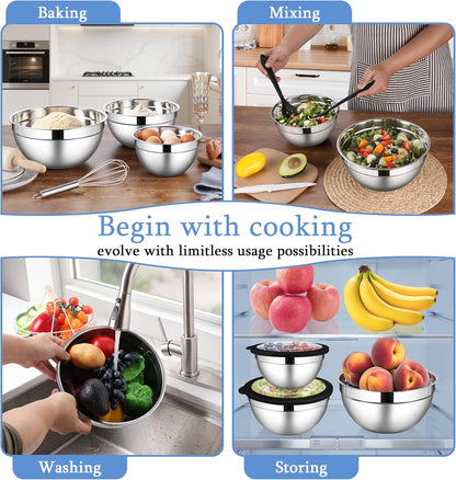 LIANYU Mixing Bowls with Lids Set of 3, Large & Small Stainless Steel Nesting Metal Bowls for Kitchen Storage, Dishwasher Safe, Size 1.5QT & 3QT & 4.6QT, Black