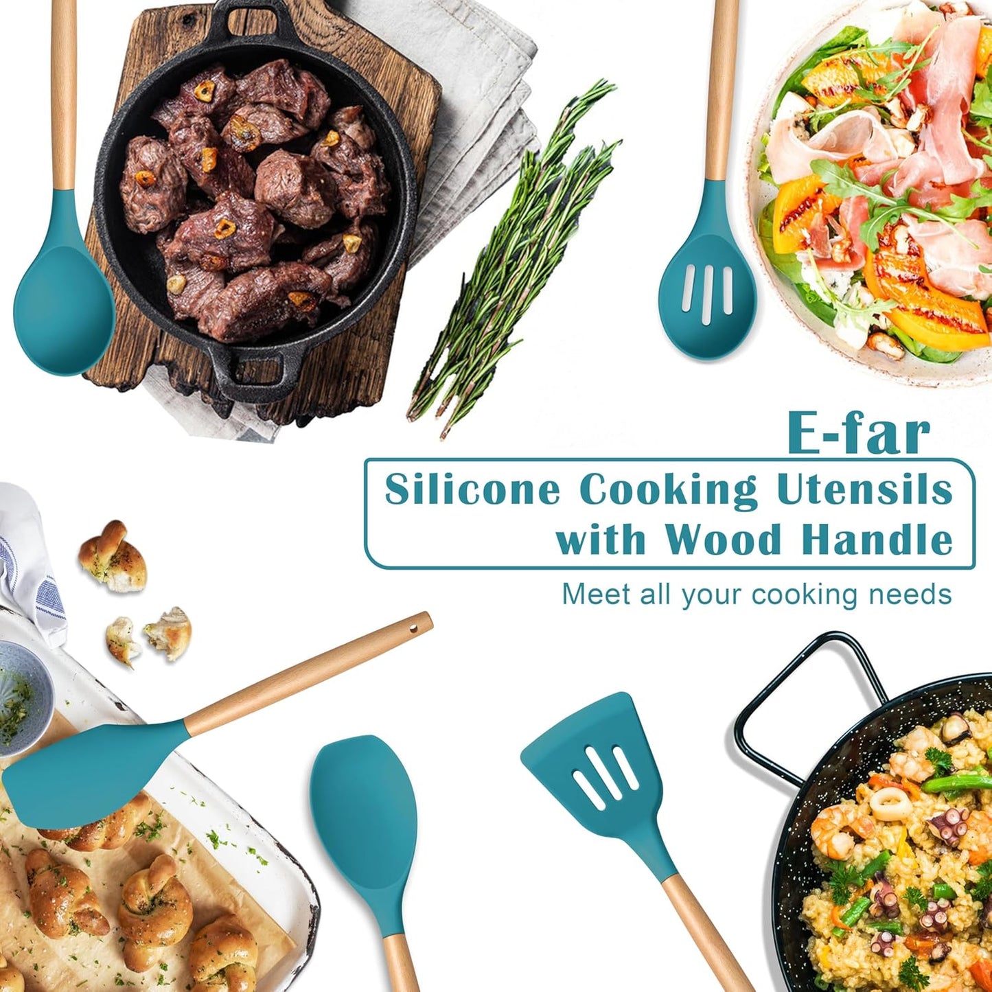 E-far Silicone Cooking Utensils Set, 10-Piece Heat Resistant Kitchen Utensils Set with Wooden Handle for Nonstick Cookware, Kitchen Nonstick Tools Spatula Whisk Tongs Ladle, Non-toxic & Healthy(Khaki)