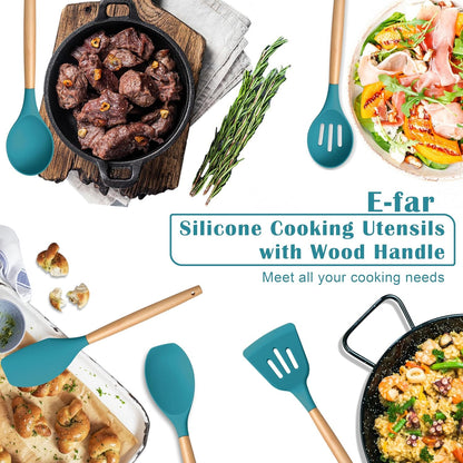 E-far Silicone Cooking Utensils Set, 10-Piece Heat Resistant Kitchen Utensils Set with Wooden Handle for Nonstick Cookware, Kitchen Nonstick Tools Spatula Whisk Tongs Ladle, Non-toxic & Healthy(Khaki)