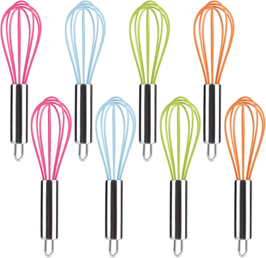 Multi-Color Mini Silicone Kitchen Whisks with Stainless Steel Handles Milk Beater Egg Beater Balloon Whisk for Blending Stirring Whisking and Beating(6.2in, Four colorsl, 8)