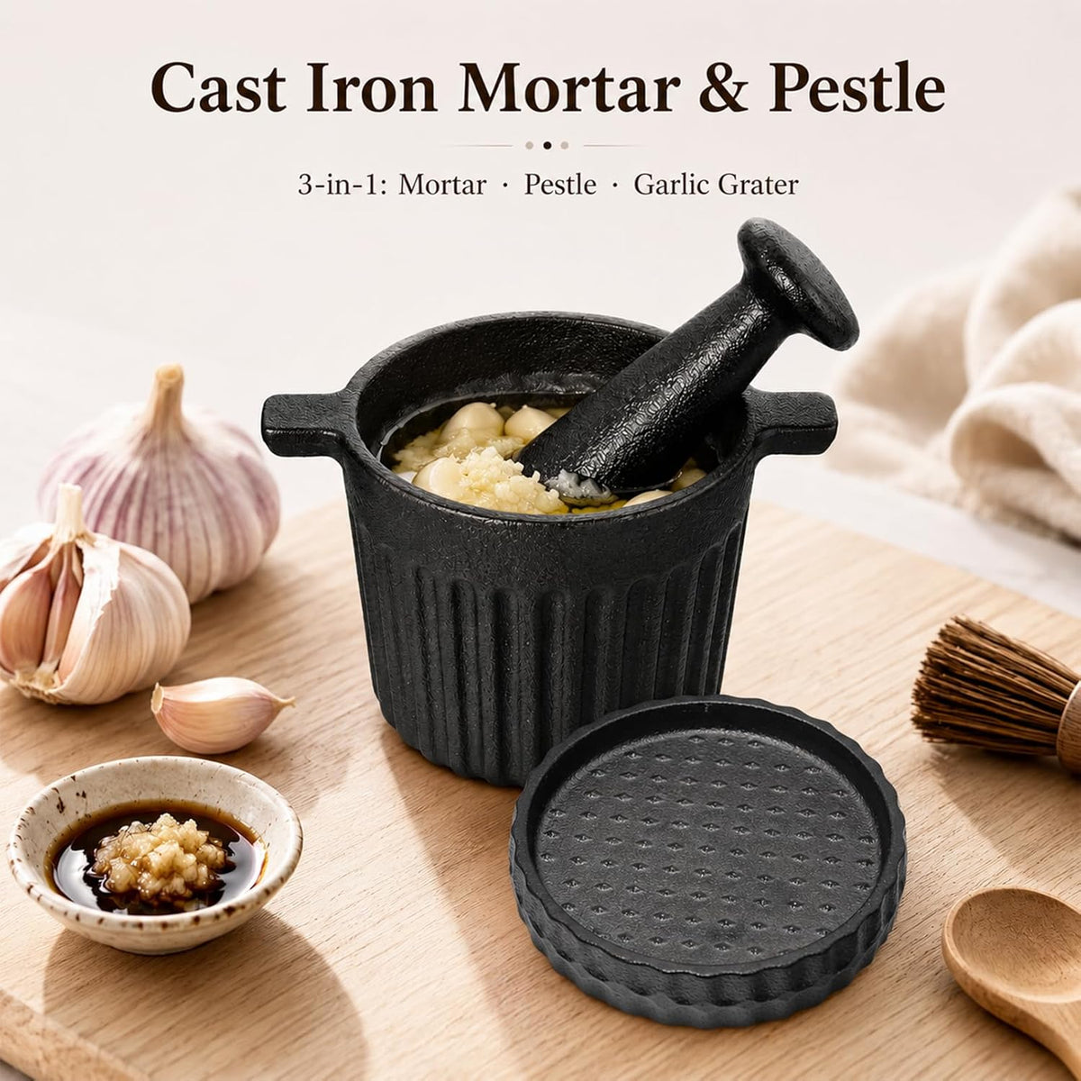 UKEMEN Cast Iron Mortar and Pestle Set, 3-Piece Small Garlic Grater Plate with Brush and Scoop, Heavy Duty Muddler and Bowl Grinder Set Perfect for Guacamole/Spices/Herbs/Solid/Metal/Glass/Rock