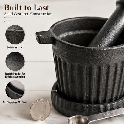 UKEMEN Cast Iron Mortar and Pestle Set, 3-Piece Small Garlic Grater Plate with Brush and Scoop, Heavy Duty Muddler and Bowl Grinder Set Perfect for Guacamole/Spices/Herbs/Solid/Metal/Glass/Rock