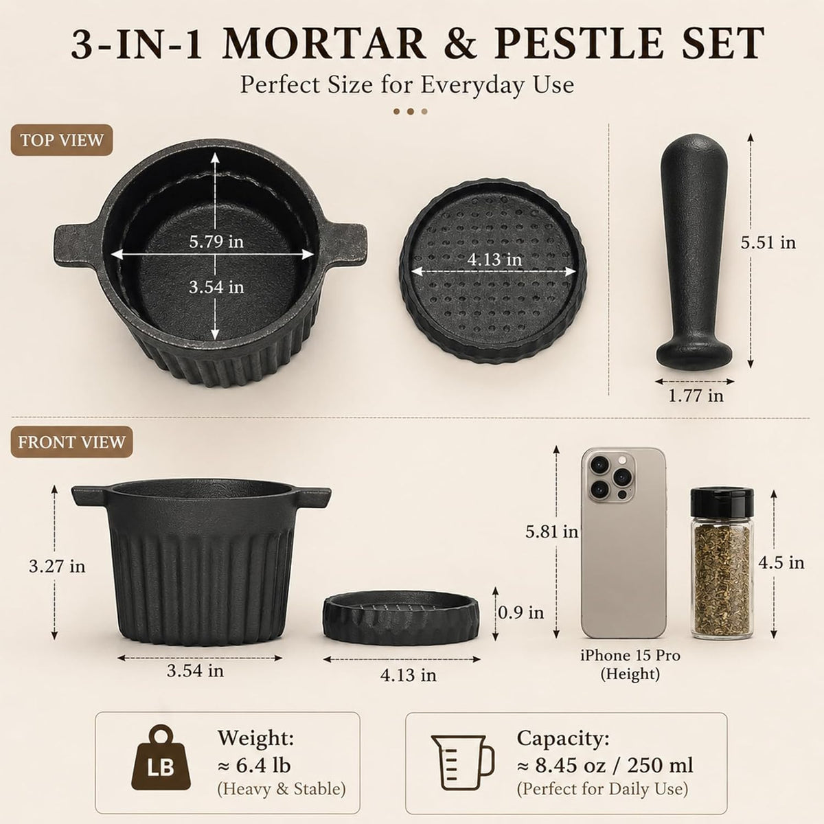 UKEMEN Cast Iron Mortar and Pestle Set, 3-Piece Small Garlic Grater Plate with Brush and Scoop, Heavy Duty Muddler and Bowl Grinder Set Perfect for Guacamole/Spices/Herbs/Solid/Metal/Glass/Rock