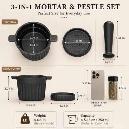 UKEMEN Cast Iron Mortar and Pestle Set, 3-Piece Small Garlic Grater Plate with Brush and Scoop, Heavy Duty Muddler and Bowl Grinder Set Perfect for Guacamole/Spices/Herbs/Solid/Metal/Glass/Rock