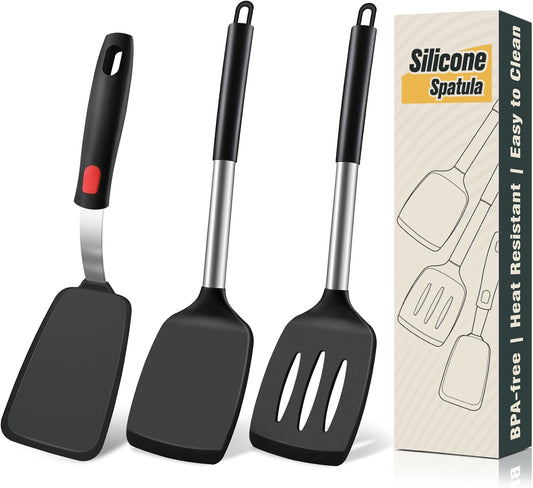 Silicone Spatula Set, Heat Resistant Solid & Slotted Turner for Non-Stick Pans, Silicone Cooking Utensils Set, BPA-Free, Flexible Spatula Turner for Flipping Eggs, Burgers, Pancakes, Black, 3 PCS-A
