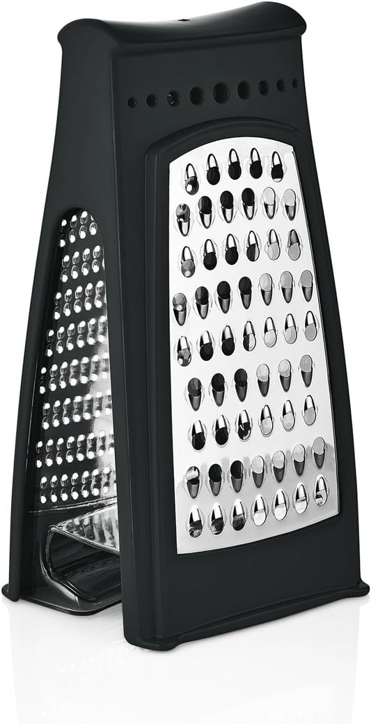 Cheese Grater with Container – Stainless Steel Box Grater with 2 Sided Removable Graters for Fine and Coarse Shredding – Ideal for Cheese, Vegetables, Garlic, and Ginger – Black Grater and Clear Box