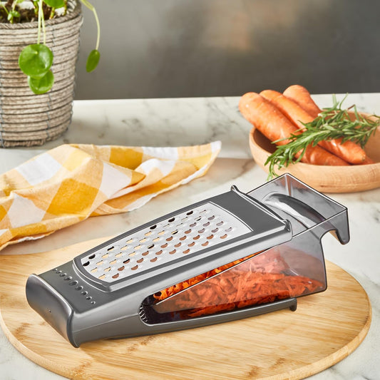 Cheese Grater with Container – Stainless Steel Box Grater with 2 Sided Removable Graters for Fine and Coarse Shredding – Ideal for Cheese, Vegetables, Garlic, and Ginger – Black Grater and Clear Box
