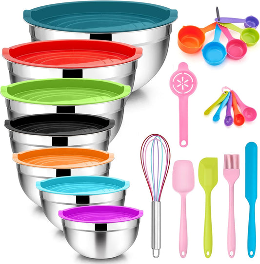 Mixing Bowls with Lids Set of 7, Stainless Steel Nesting Mixing Bowls Set with 16 PCS Kitchen Utensils for Prepping Mixing Serving, 7, 4.5, 3, 2.5, 1.5, 1.2, 0.7 QT, Colorful